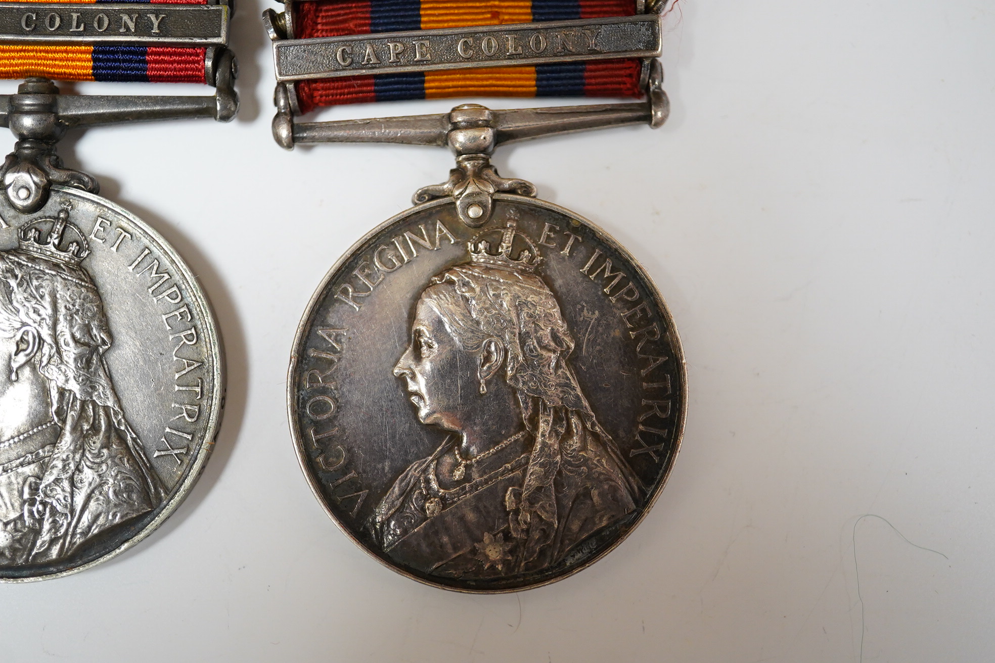 Queens South Africa Medal with 4 clasps; Dreifontein, Modder River, OFS and CC to 3033 2nd CL: Tpr:W.G.Annis. S.A.C. and another with SA1902, Paardseberg and CC clasps to 11569 Pte W.Cuff, R.A.M.C. (2)